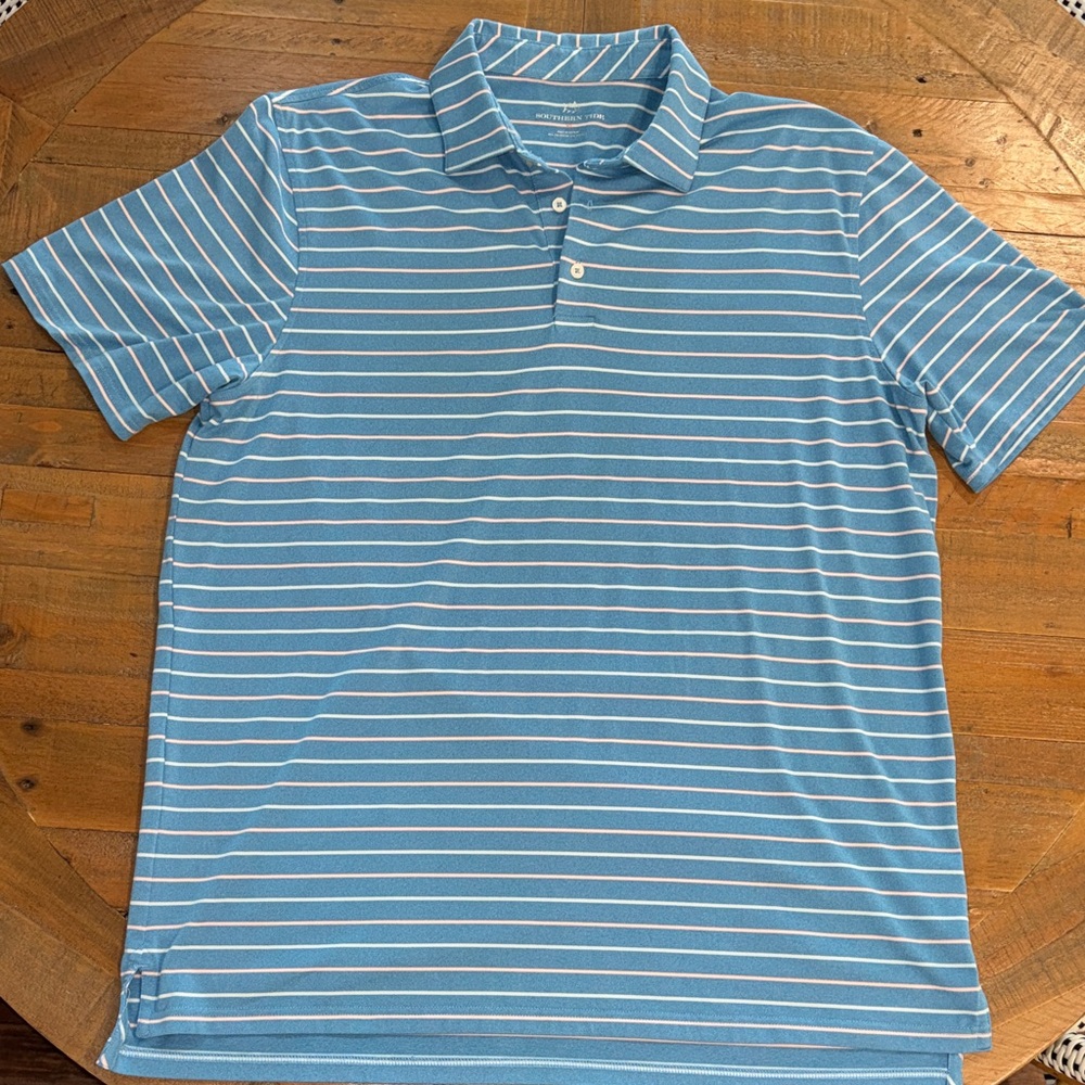 Southern Tide Light Blue, Orange & White Striped Polo XL